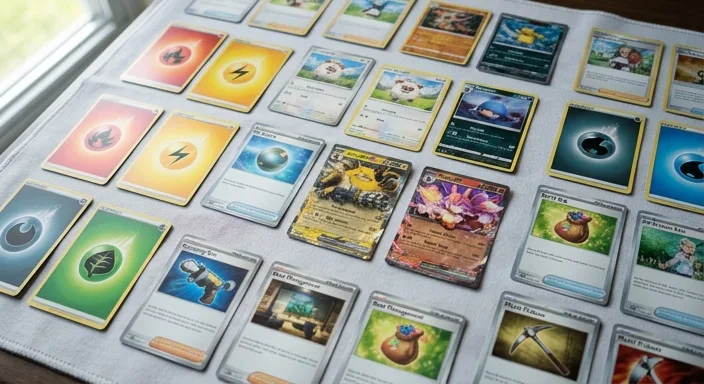 A detailed overhead shot of Palworld card game cards, including various Pal creatures, elemental energy, and trainer cards, spread across a textured grey playmat with soft natural lighting.