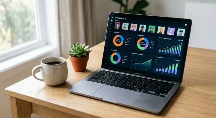A modern laptop on a wooden desk displaying a colorful NFT portfolio dashboard with growth charts and category breakdowns under soft natural light.
