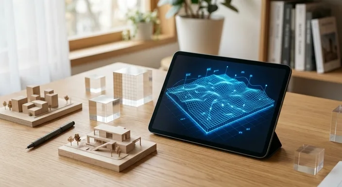 A digital metaverse land grid displayed on a tablet screen atop a minimalist wooden desk with architectural props.