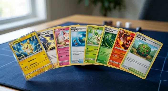 A close-up, 45-degree shot of a spread of fictional Palworld TCG cards, featuring various Pal, Skill, and Item types, resting on a deep blue game mat under soft natural light.