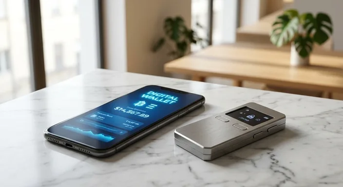 A comparison between a glowing smartphone screen showing a digital wallet and a physical hardware wallet on a marble surface.
