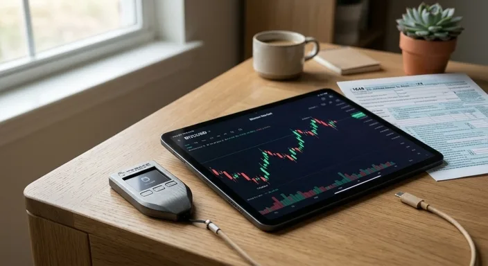 A professional cryptocurrency hardware wallet and digital asset market charts on a desk with a blurred tax form in the background.