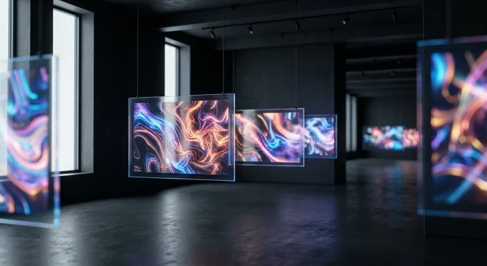 A sophisticated dark digital art gallery featuring vibrant abstract AI paintings on floating holographic screens with soft natural lighting.
