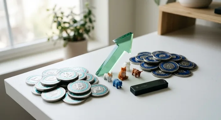 Physical representations of cryptocurrency tokens and 3D animal charms on a desk with a green profit arrow.