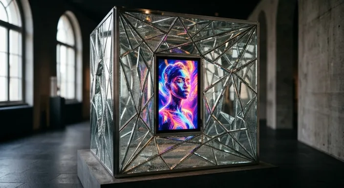 A high-tech glass vault containing a digital portrait, with the glass divided into glowing crystalline shards representing fractional ownership.