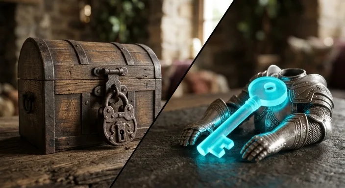A visual comparison showing a traditional locked wooden chest next to a glowing blue digital key unlocking ornate silver character armor.
