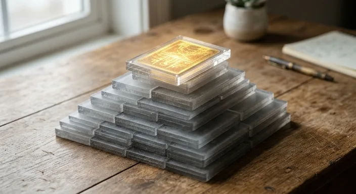 A physical pyramid arrangement of resin trading cards on a wooden surface with a single glowing gold card at the peak.